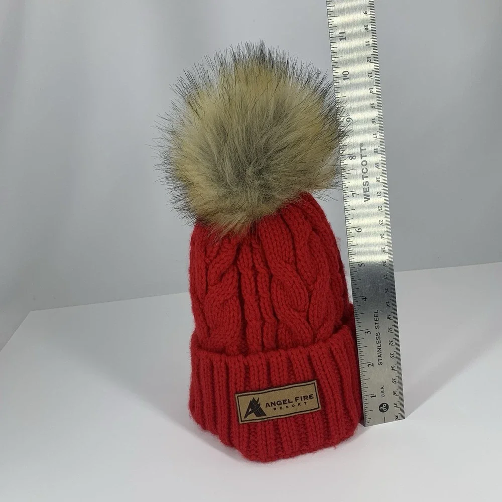 Angel Fire Resort Beanie YOUTH Locale Outdoors Faux Fur Pom Red Knit Hat Cap